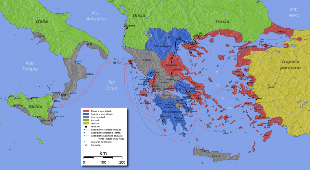 Χάρτης του Πελοποννησιακού Πολέμου. Στον χάρτη απεικονίζονται οι συμμαχίες και οι στρατιωτικές επιχειρήσεις του πολέμου (ιταλικά).