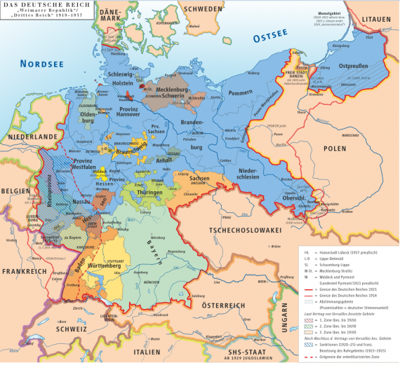 Η Γερμανία κατά τη διάρκεια της περιόδου της Βαϊμάρης. Το μεγαλύτερο κράτος, το Ελεύθερο κράτος της Πρωσίας, εμφανίζεται σε μπλε χρώμα.