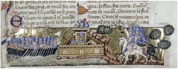 The Crusader attack on Constantinople, from a Venetian manuscript of Geoffreoy de Villehardouin's history, ca. 1330
