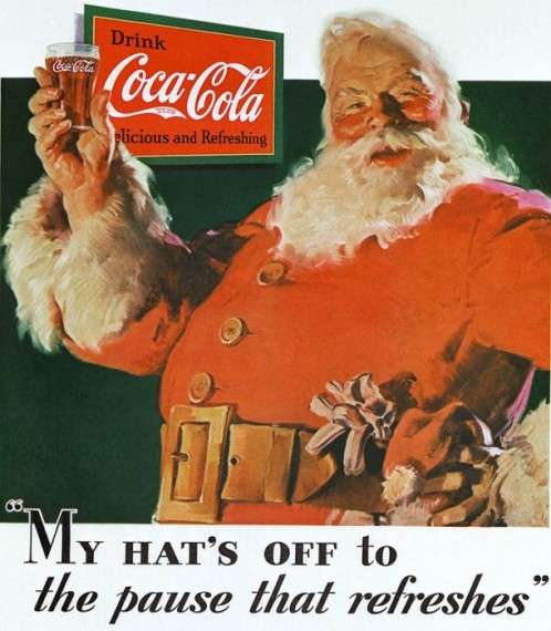 Η πρώτη διαφήμιση της Coca-Cola με τον Άη-Βασίλη: «Βγάζω το καπέλο μου στο διάλλειμα που αναζωογονεί», 1931.