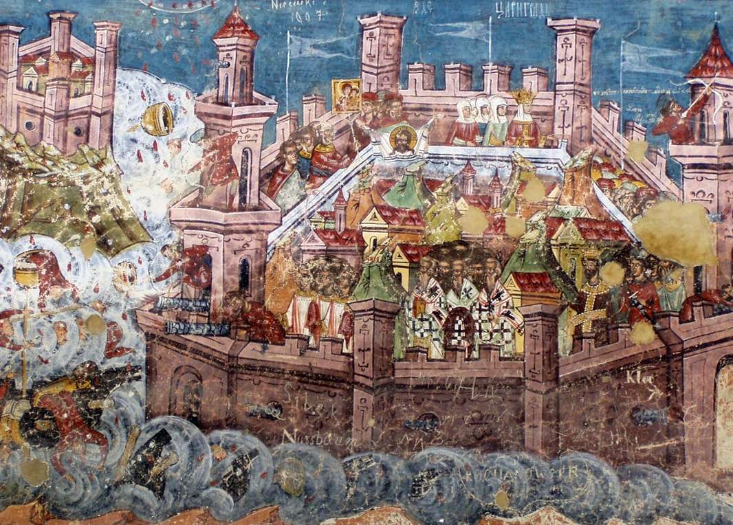 Νωπογραφία από άγνωστο καλλιτέχνη στην Εκκλησία της Μονής Moldoviţa απεικονίζει την άλωση της Κωνσταντινούπολης, 1537.