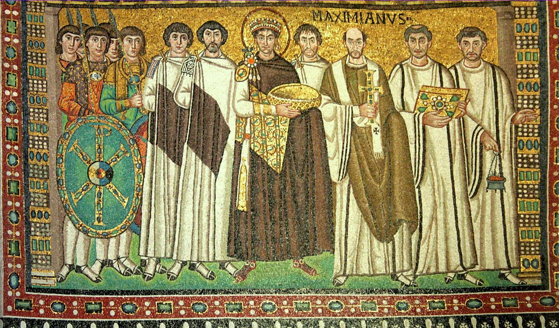 Ο αυτοκράτορας Ιουστινιανός με τη συνοδεία του και ορθόδοξους ιερείς. Ψηφιδωτό στην εκκλησία του Αγίου Βιταλίου, στη Ραβέννα