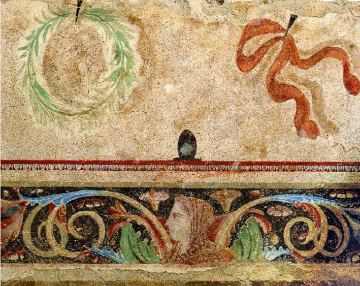Ταφικός τύμβος νεκροταφείου Αίνειας, λεπτομέρεια (350-325 π.Χ.). Αρχαιολογικό Μουσείο Θεσσαλονίκης.