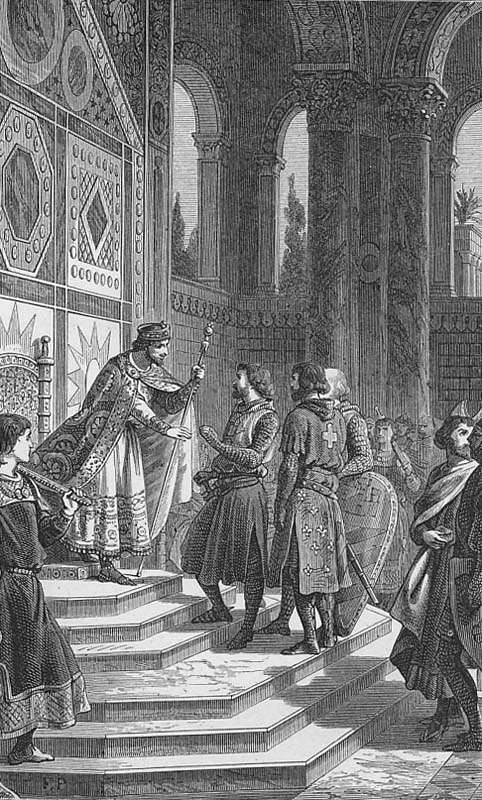 Ο Γοδεφρείδος του Μπουιγιόν και οι άλλοι βαρώνοι της Πρώτης Σταυροφορίας στο αυτοκρατορικό παλάτι του Αλέξιου Κομνηνού.