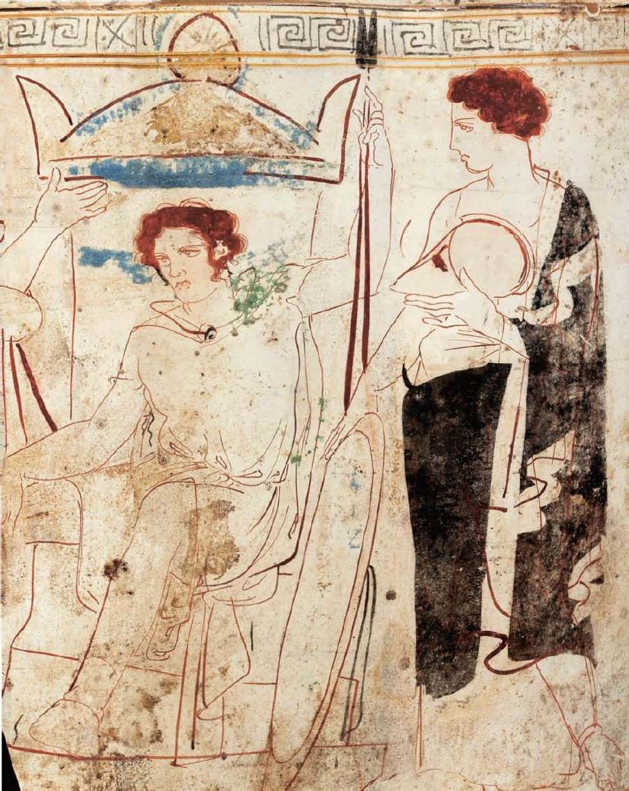 Αττική λήκυθος από την Ερέτρια. Ένας πολεμιστής, που είναι ο νεκρός, κάθεται μπροστά από την επιτύμβια στήλη του τάφου του, πλαισιωμένος από τη σύζυγό του, που του κρατάει τα όπλα, και έναν νέο άνδρα. Έργο κάποιου ζωγράφου της Ομάδας των Καλαμών . 410-400 π.Χ. Εθνικό Αρχαιολογικό Μουσείο. Αθήνα. Attica lekythos from Eretria. A warrior, who is dead, sits in front of the tombstone of his tomb, framed by his wife holding the arms, and a new man. The work of a Kalamata painter. 410-400 BC National Archaeological Museum. Athena.
