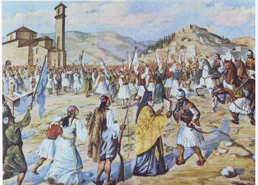 Αναπαράσταση της ορκωμοσίας των Ελλήνων επαναστατών στο ναό των Αγίων Αποστόλων στις 23 Μαρτίου 1821. Πίνακας του ζωγράφου Δράκου. Μουσείο Καλαμάτας.