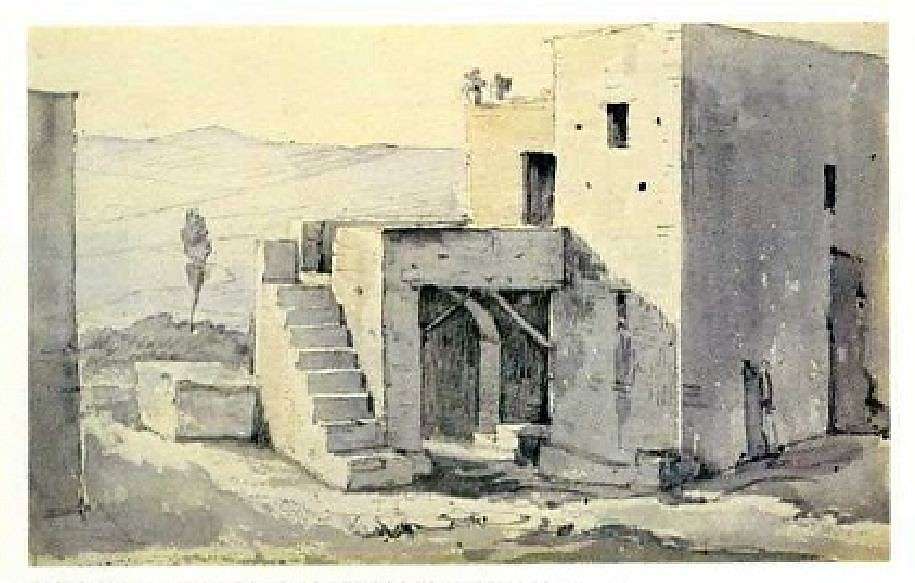 Σπίτι με σκάλα στα Θερμιά. Κύθνος· από τετράδιο σχεδίων του Χριστιανού Χάνσεν· αρχές 19ου αιώνα.