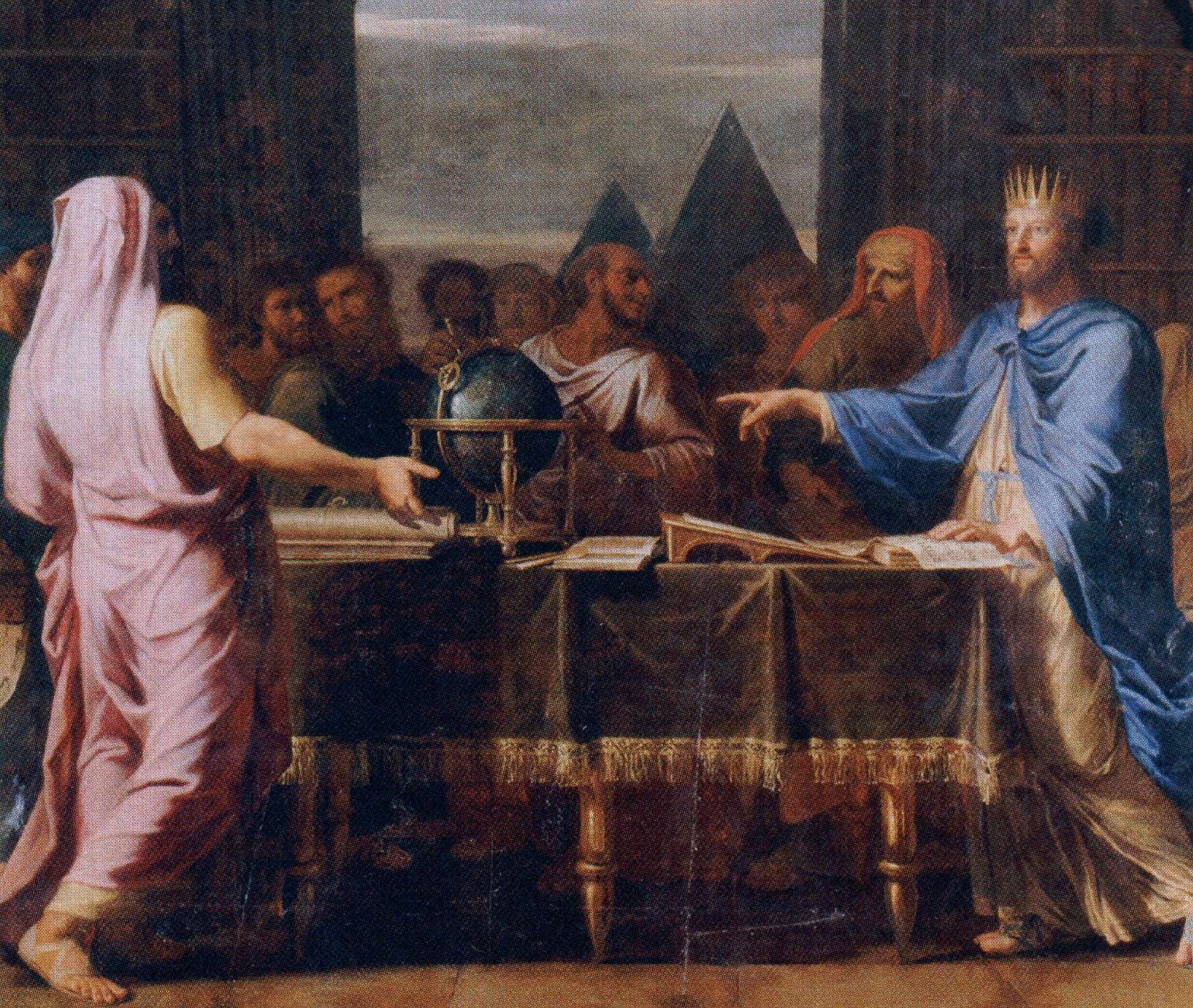 Ο βασιλιάς της Αιγύπτου Πτολεµαίος Β΄ ο Φιλάδελφος συνοµιλεί στη Βιβλιοθήκη της Αλεξάνδρειας µε του 72 εβραίους σοφούς που µμεταφράζουν τη Βίβλο στα Ελληνικά. Έργο του Jean-Baptiste de Champaigne (1672).