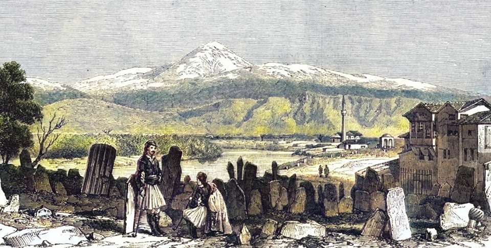Η Όσσα -στο βάθος- είναι βουνό της Θεσσαλίας, γνωστό επίσης με το όνομα Κίσσαβος. (1851)