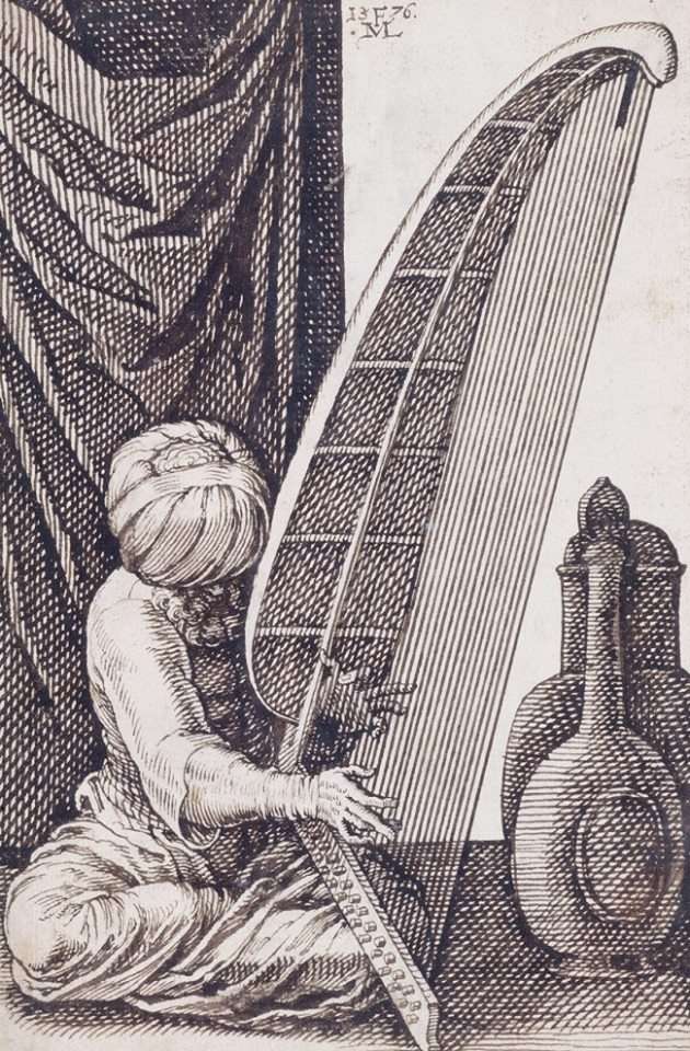 Μουσικός παίζει ένα είδος άρπας. (1550)