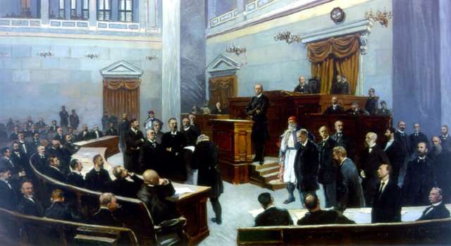 Ο Χαρίλαος Τρικούπης στο βήμα της Βουλής