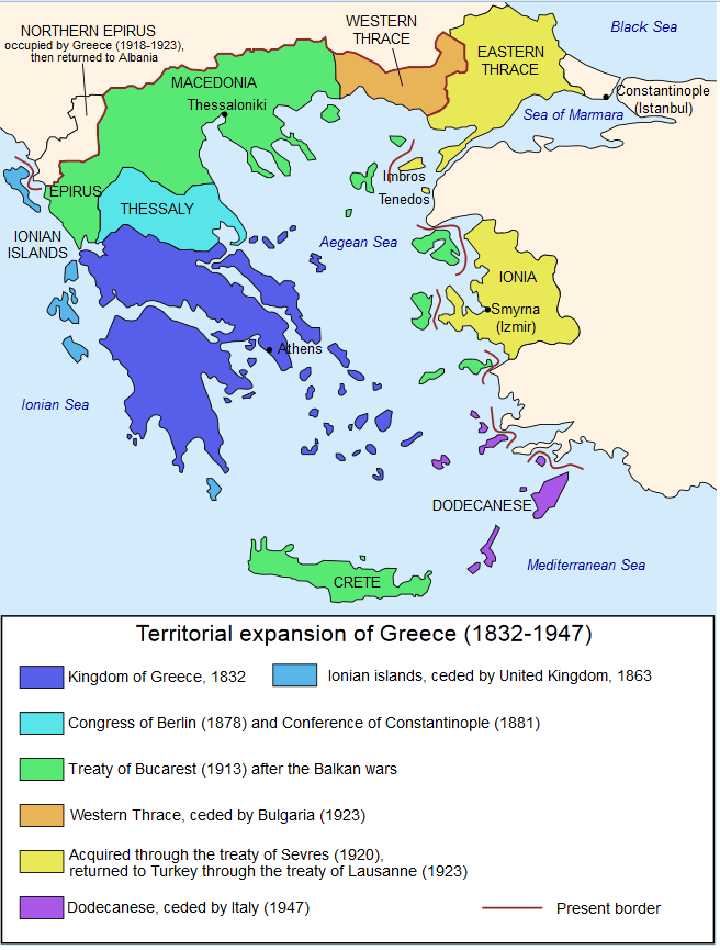 Χάρτης με τα σύνορα Βασιλείου της Ελλάδας, όπως ορίστηκαν στη Συνθήκη του 1832 (σε σκούρο μπλε)