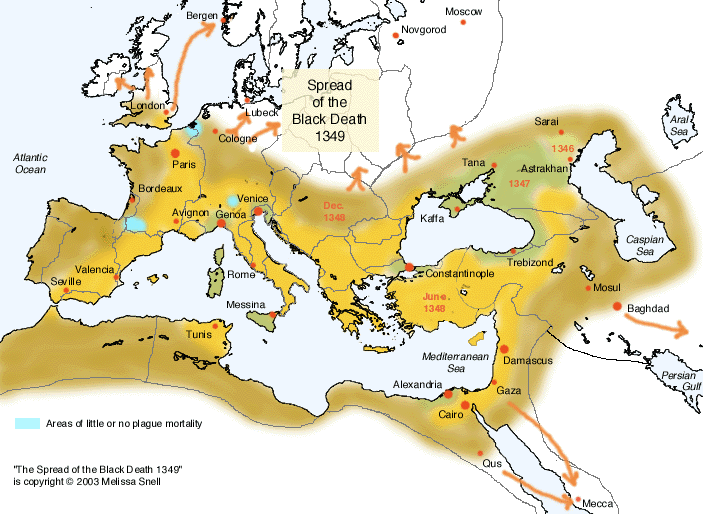 Χάρτης επέκτασης της πανώλης στην Ευρώπη.