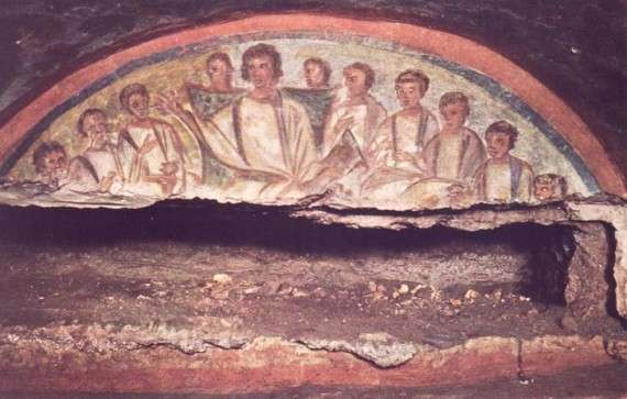 Διδασκαλία του Ιησού, τοιχογραφία από κατακόμβη της Ρώμης, αρχές 4ου αι.