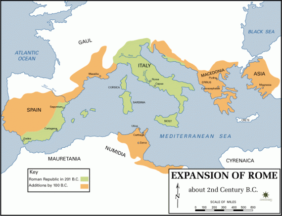 Η έκταση της Ρωμαϊκής Δημοκρατίας στα 100 π.Χ..