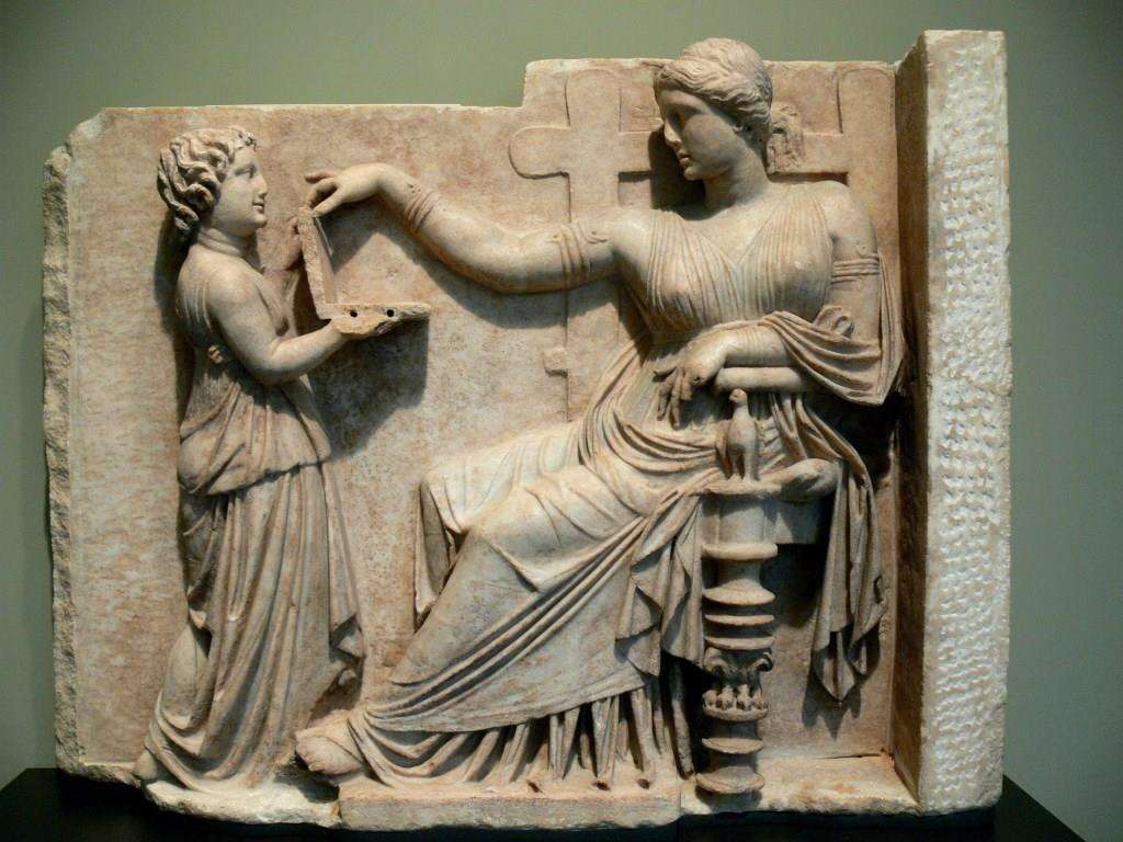 Gravestone of a woman with her slave child-attendant, c. 100 BC
