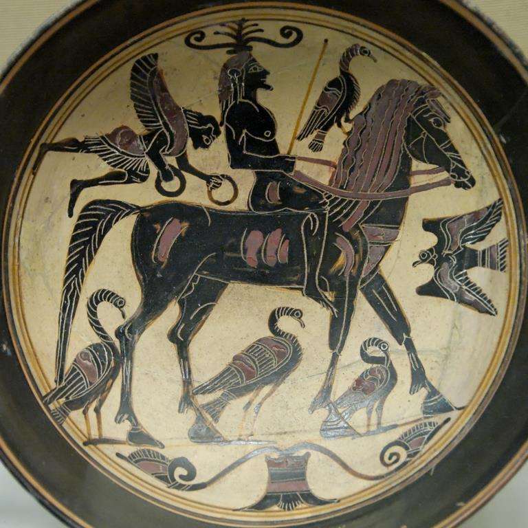 Name vase of the Spartan artist known as the Rider Painter (black-figured kylix, ca. 550–530 BC)