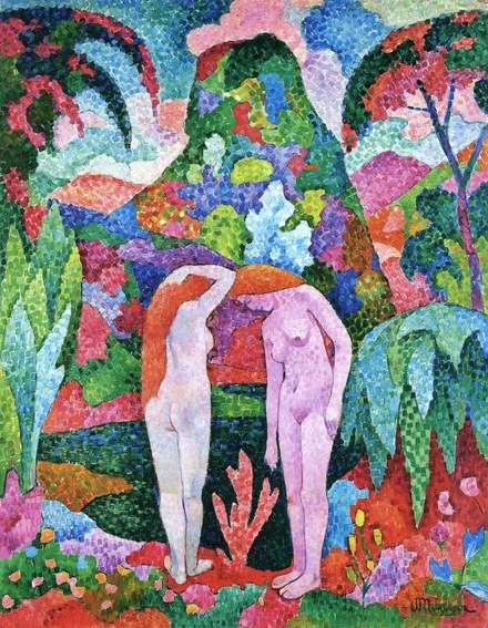 Jean Metzinger, 1905–06, Baigneuses, Deux nus dans un jardin exotique (Two Nudes in an Exotic Landscape), oil on canvas, 116 x 88.8 cm. Carmen Cervera Thyssen-Bornemisza Collection