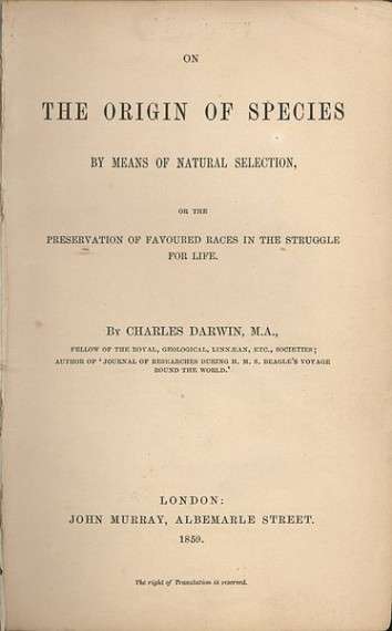 Το εξώφυλλο της πρώτης έκδοσης της «Καταγωγής των Ειδών», 1859