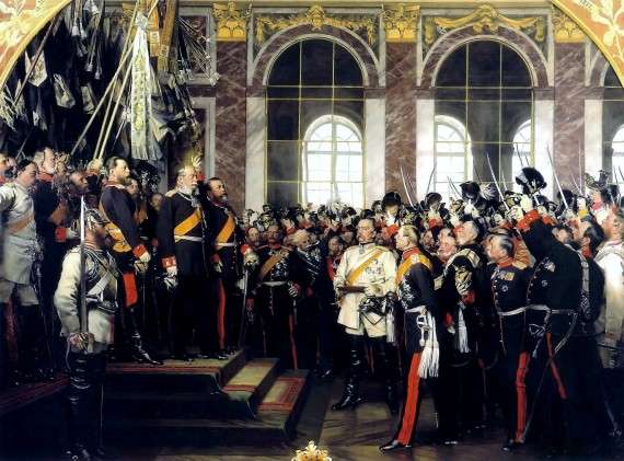 Foundation of the German Empire in Versailles, 1871. Bismarck is at the centre in a white uniform