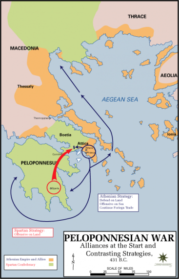 Ο Πελοποννησιακός Πόλεμος ανάμεσα στη Αθηναϊκή και την Πελοποννησιακή Συμμαχία, υπό την ηγεμονία της Σπάρτης, διήρκεσε, με μερικές ανακωχές, από το 431 π.Χ. έως το 404 π.Χ. και έληξε με την ολοκληρωτική ήττα των Αθηναίων, δίνοντας τέλος στον πολιτισμικό «χρυσό αιώνα».