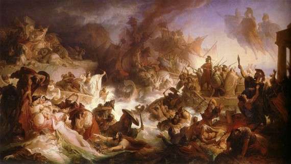 Η Ναυμαχία της Σαλαμίνας διεξήχθη στις 22 Σεπτεμβρίου του 480 π.Χ, στα Στενά της Σαλαμίνας (στον Σαρωνικό Κόλπο, κοντά στην Αθήνα) μεταξύ της συμμαχίας των ελληνικών πόλεων-κρατών και της Περσικής Αυτοκρατορίας.  The Battle of Salamis by Wilhelm von Kaulbach
