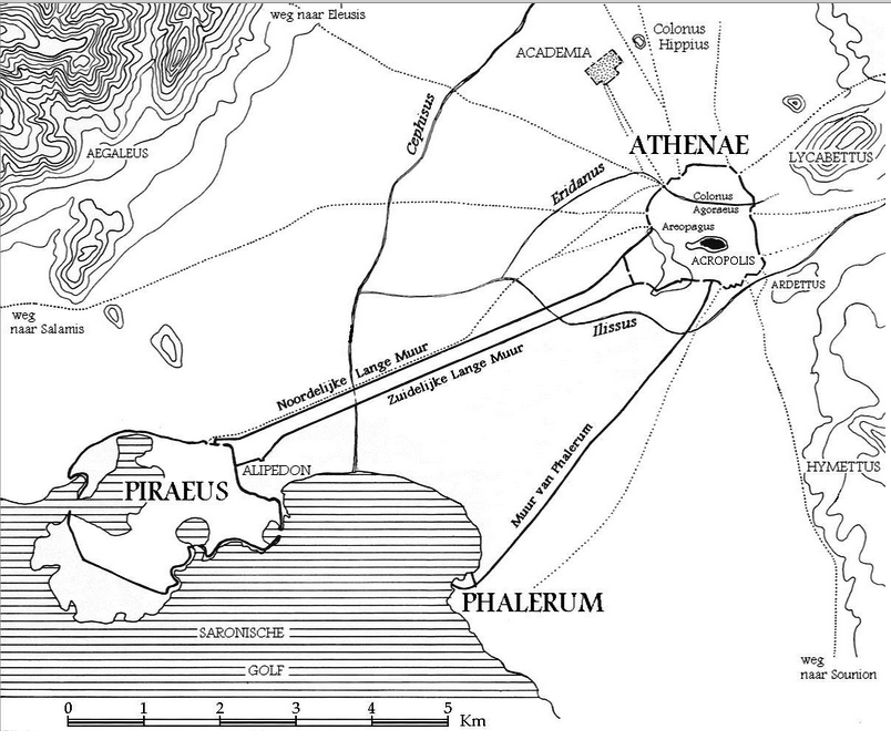 Χάρτης των περιχώρων της Αθήνας. Διακρίνονται ο Πειραιά, το Φάληρο, και τα Μακρά Τείχη.