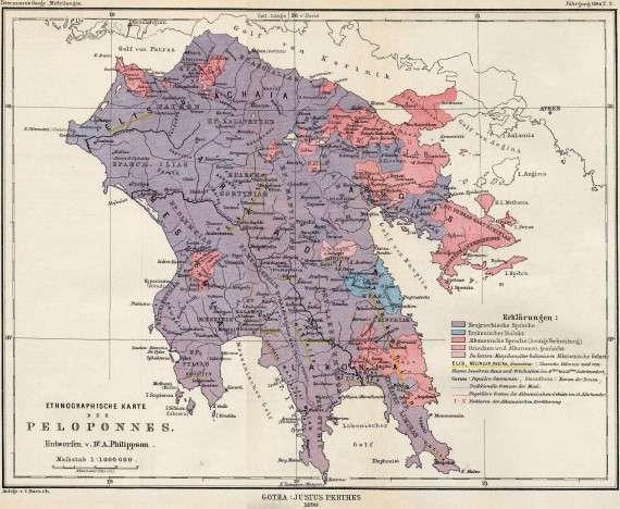 Παλιός εθνολογικός χάρτης της Πελοποννήσου (1890) Τα Τσακώνικα σε περιοχές με μπλε χρώμα. Πηγή: wikipedia