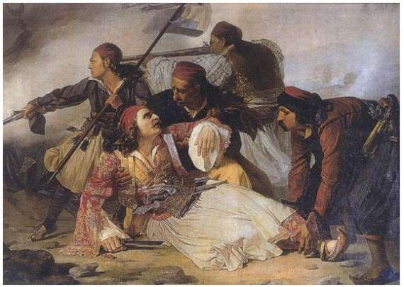 Ο θάνατος του Μάρκου Μπότσαρη. Πίνακας από τον Ludovico Lipparini, που βρίσκεται στο μουσείο της Τεργέστης στην Ιταλία