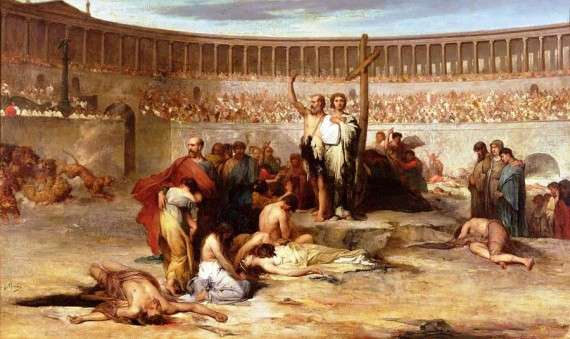 «Θρίαμβος Χριστιανών Μαρτύρων τη Εποχή του Νέρωνα» του Eugene Romain Thirion. Το Κολοσσαίο χτίστηκε 16 χρόνια μετά την πυρκαγιά της Ρώμης.