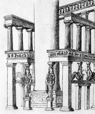 Υποθετική αναπαράσταση της πρόσοψης του "θρόνου" του Αμυκλαίου Απόλλωνα του 6ου αιώνα π.Χ.