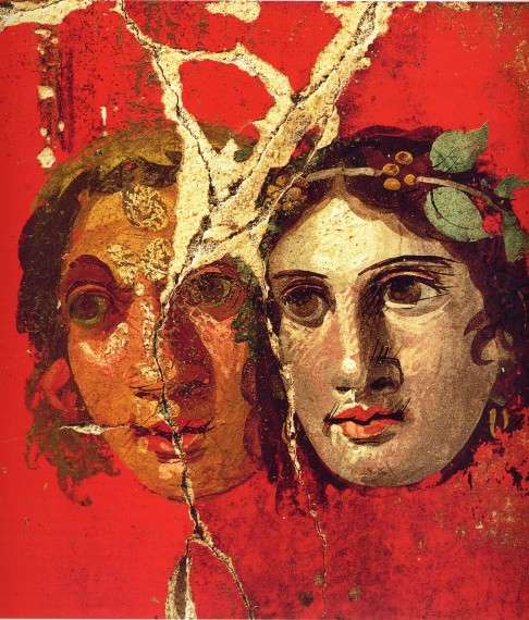 Τοιχογραφία στην Πομπηία, 1ος αιώνας π.Χ. (τέτοιες μάσκες κοσμούσαν χώρους συμποσίων στον Οίκο του Χρυσού Βραχιολιού) 
