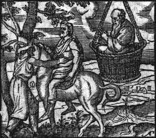 Ο Στρεψιάδης, ο Φειδιππίδης και ο Σωκράτης. Σκηνή από τις Νεφέλες, χαρακτική του Joannes Sambucus, 1564.