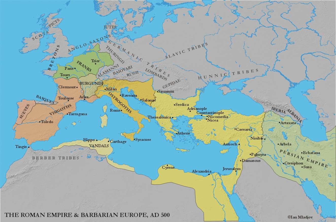 χάρτης της βυζαντινής αυτοκρατορίας γύρω στο 500 μ. Χ.