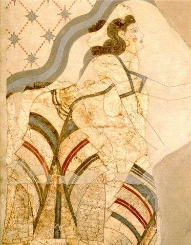 Κυκλαδική τέχνη, 1700 π.χ. Wall-painting of Ladies and Papyri. Akrotiri, House of the Ladies. (Museum of Thera) Mature Late Cycladic I period (17th century B.C.).