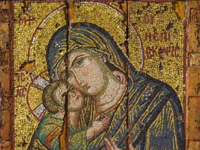 Ψηφιδωτή βυζαντινή εικόνα με την Παναγία και το θείο βρέφος. 1300 μ..Χ.