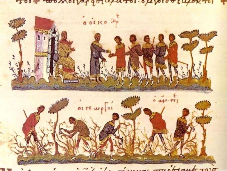 Βυζαντινοί γεωργοί εισπράττουν τα ημερομίσθιά τους για την καλλιέργεια αμπελώνα.