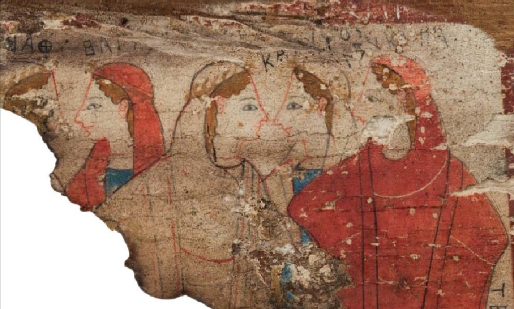 Ξύλινος πίνακας από το σπήλαιο Πιτσά Κορινθίας· σώζεται τμήμα παράστασης με κυκλικό χορό γυναικών. Μέσα του 6ου αιώνα π.Χ. Εθνικό Αρχαιολογικό Μουσείο, Αθήνα.