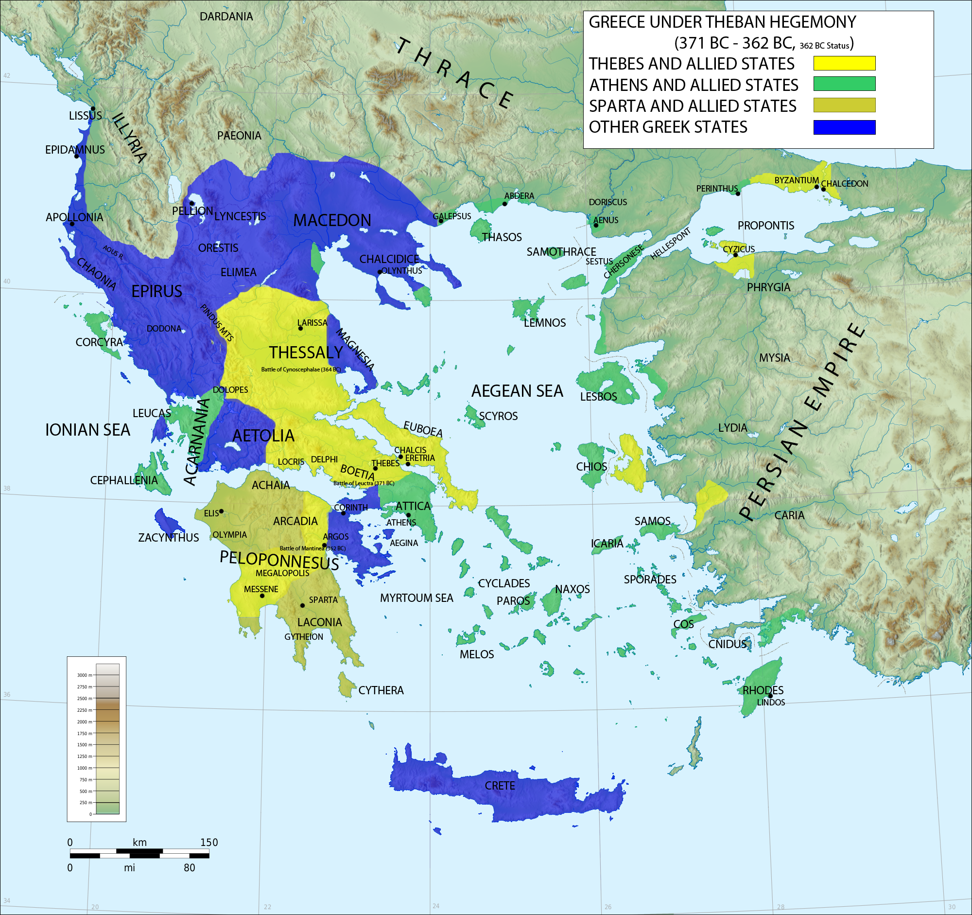 Η δεύτερη μεγάλη μάχη της αρχαιότητας που έγινε γνωστή ως Μάχη της Μαντινείας διεξήχθη περίπου 15 χλμ. βορείως της Τρίπολης το καλοκαίρι του 362 π.Χ. μεταξύ δύο συνασπισμών που είχαν επικεφαλής αντίστοιχα τη Θήβα και τη Σπάρτη, τις δύο τότε ισχυρότερες πόλεις της Ελλάδας, με έπαθλο την ηγεμονία της.