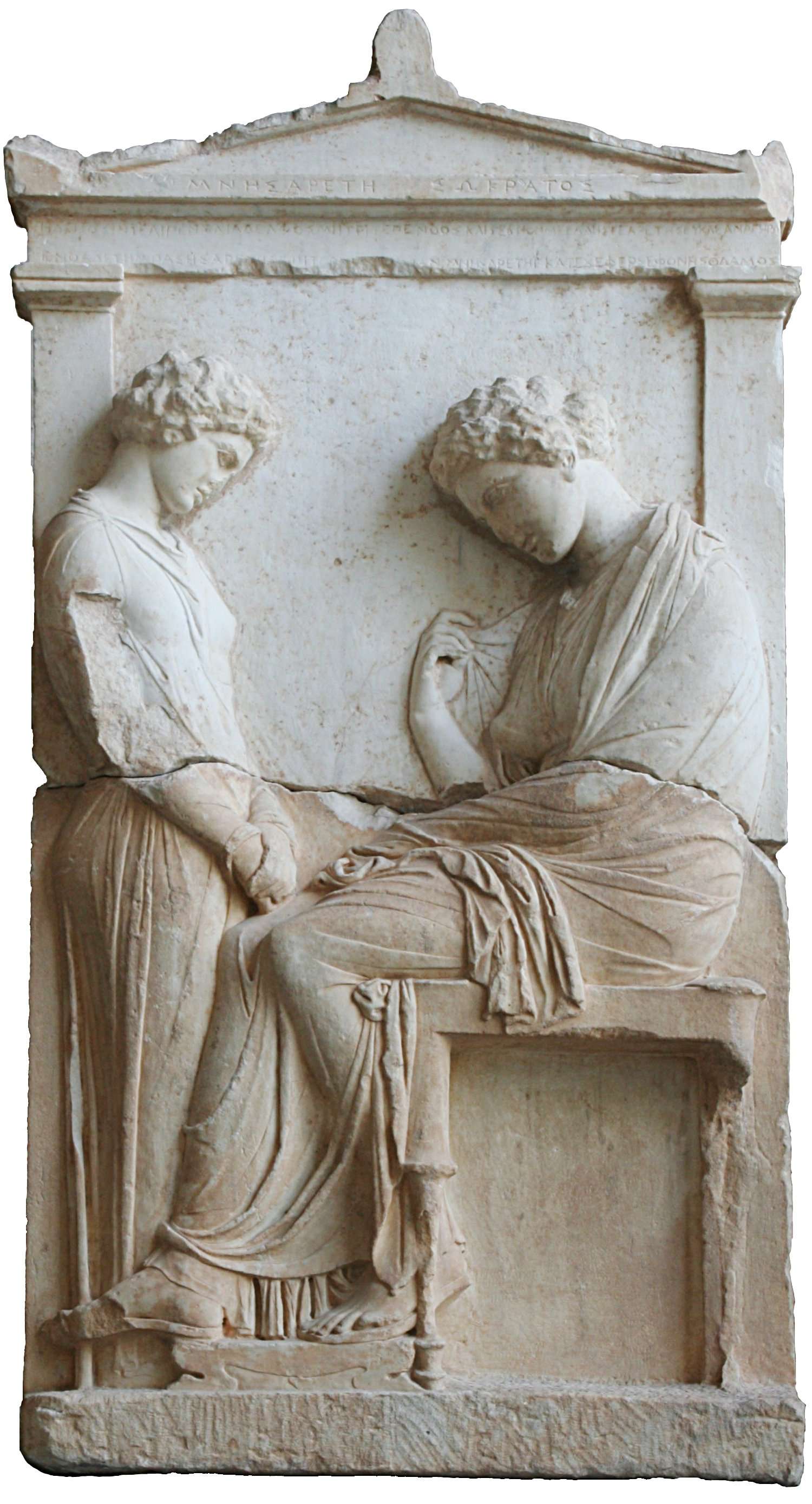 Ταφική στήλη της Μνησαρέτης, όπου νεαρή υπηρέτρια κοιτάζει την αποθανούσα κυρία της. Αττική, περ. 380 π.χ., Γλυπτοθήκη του Μονάχου