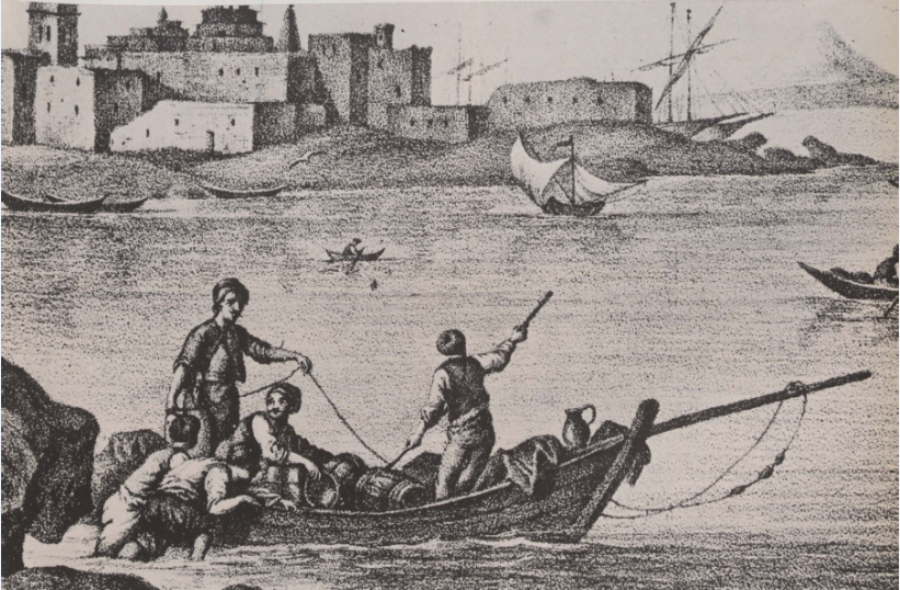 Φορτωμένη βάρκα στο λιμάνι της Τήνου. Απεικόνιση σε χαλκογραφία εποχής. Αθήνα, Γεννάδειος Βιβλιοθήκη