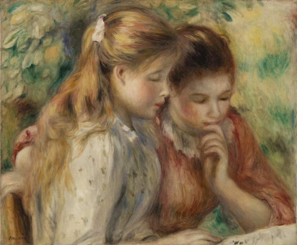 Pierre-Auguste Renoir. Reading (La Lecture), c. 1891. Oil on canvas, Overall: 18 1/8 x 22 1/16 in. (46 x 56 cm). BF107. Public Domain.