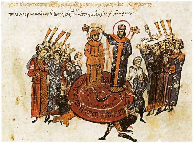 Ο αυτοκράτορας ανακηρύσσεται πάνω σε πολεμική ασπίδα, σύμφωνα με τη ρωμαίική συνήθεια. Λεπτομέρεια από βυζαντινό χειρόγραφο.