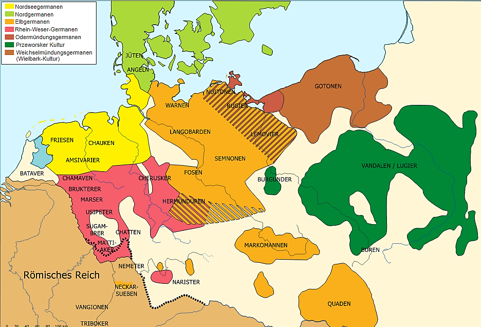 Γερμανικές φυλές στα μέσα του 1ου αιώνα μ.Χ. Σε πράσινο χρώμα, η περιοχή των Βανδάλων.