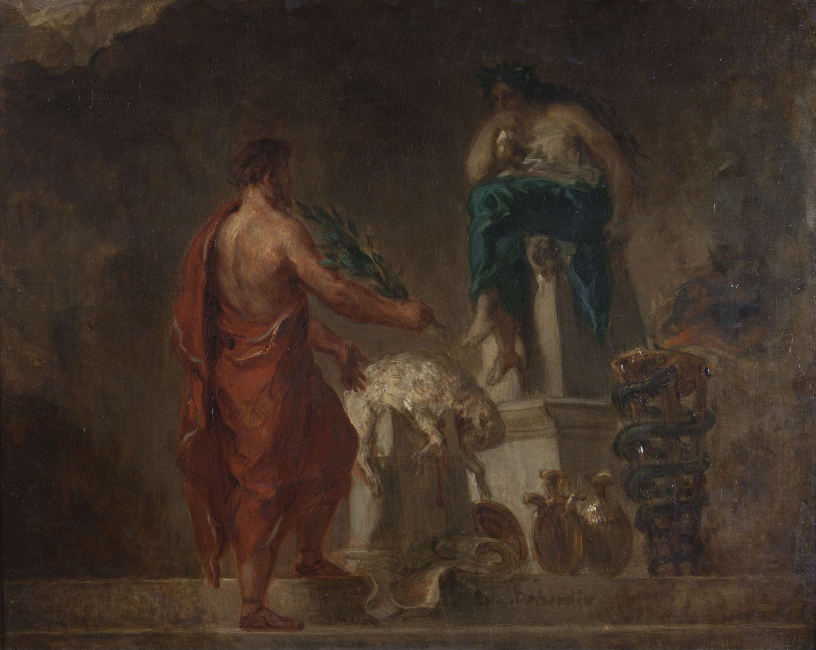 Ο Σπαρτιάτης νομοθέτης Λυκούργος ζητάει χρησμό από την Πυθία. Lycurgus Consulting the Pythia (1835/1845), as imagined by Eugène Delacroix.