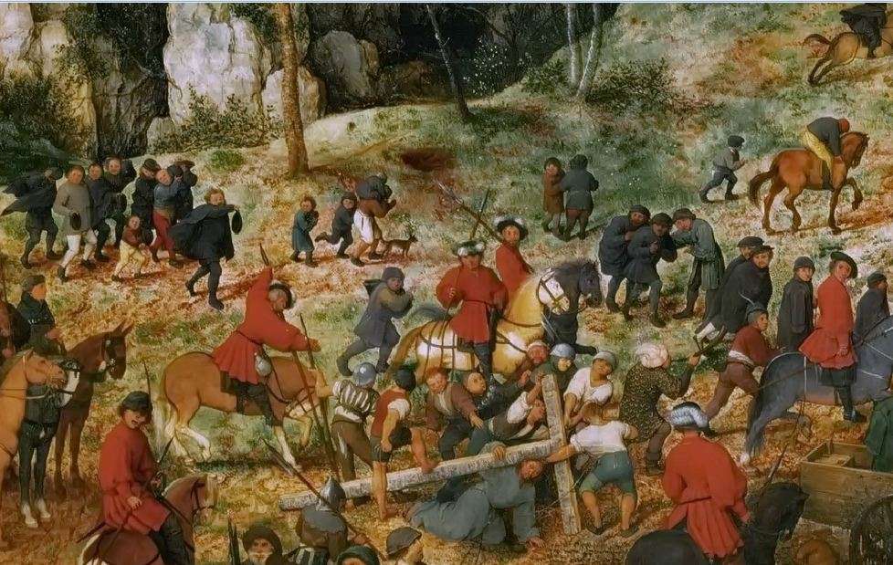 Η Πομπή στο Γολγοθά (λεπτομέρεια). Πίτερ Μπρίγκελ ή Μπρέγκελ ο πρεσβύτερος (φλαμανδικά: Pieter Bruegel, περ. 1525-1530 – Βρυξέλλες, 1569). The Procession to Calvary, 1564, Bruegel's second largest painting at 124 cm × 170 cm (49 in × 67 in)