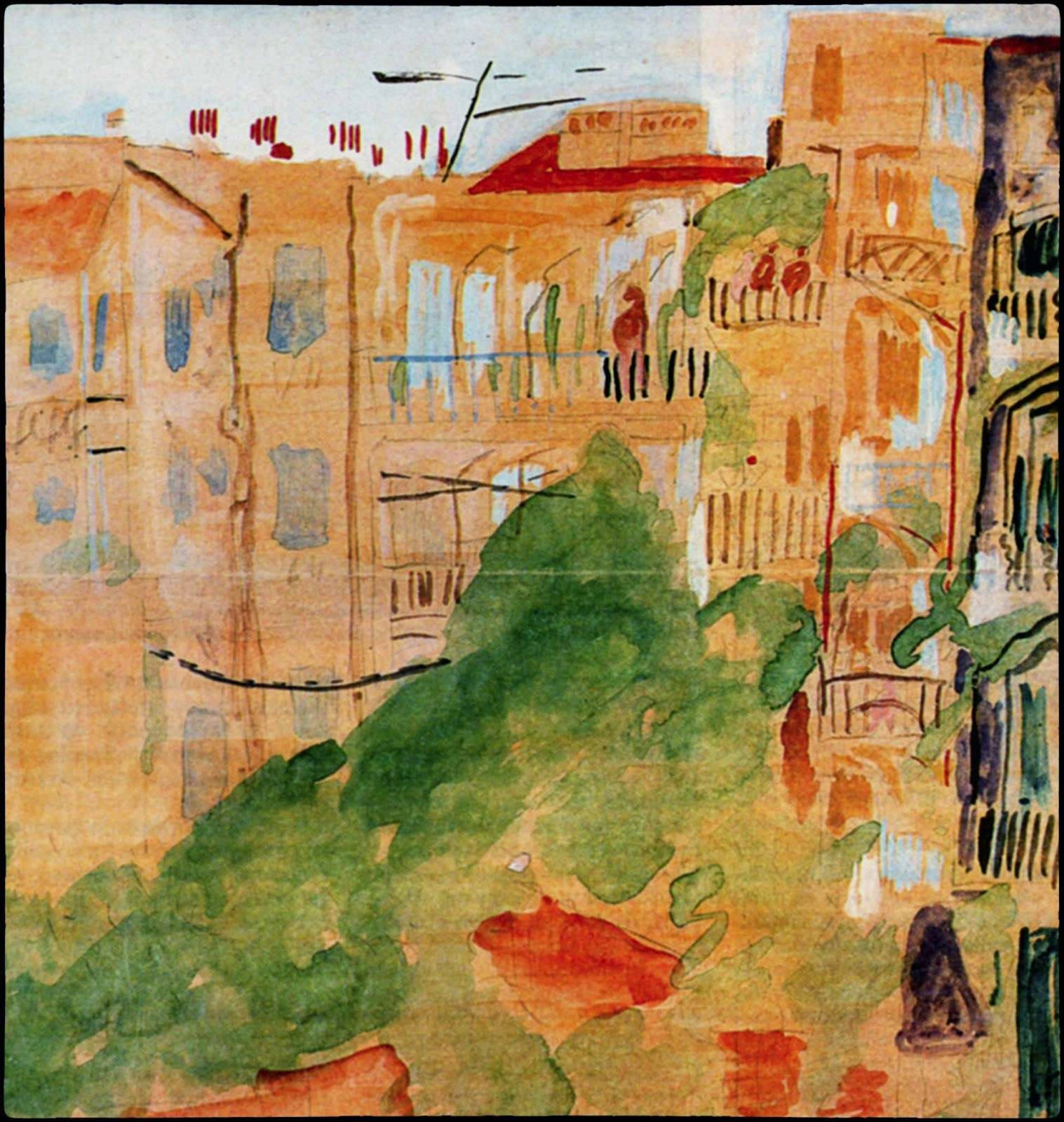 «Θεσσαλονίκη, όπισθεν κατοικιών». Ακουαρέλλα, 1949. Συλλογή Γ. Ν. Πεντζίκη (φωτ.: Φ. Σαρρή).