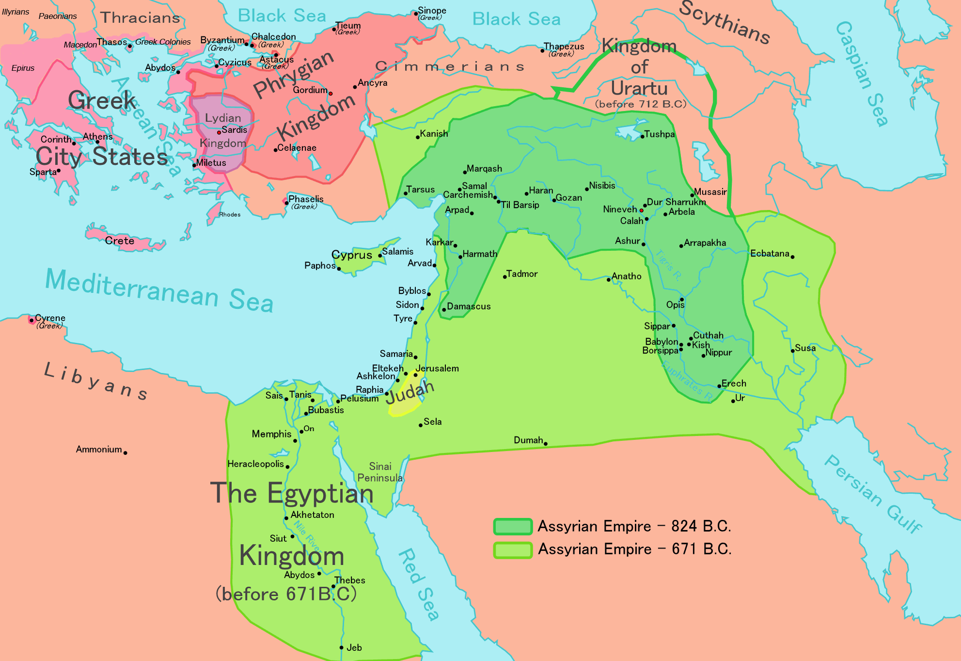 Χάρτης του Ασσυριακού κράτους μεταξύ 9ου και 7ου π.Χ. αιώνα.