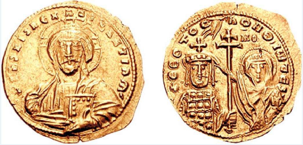 Νόμισμα που απεικονίζει τον Ιωάννη Τσιμισκή να στέφεται αυτοκράτορας από την Παρθένο Μαρία