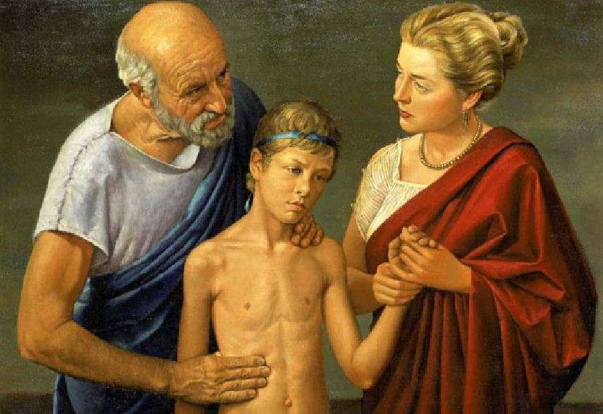 Ο Ιπποκράτης εξετάζει ένα παιδί. Πίνακας του Robert Thom (1950). Hippocrates is examining a child. Table of Robert Thom (1950).
